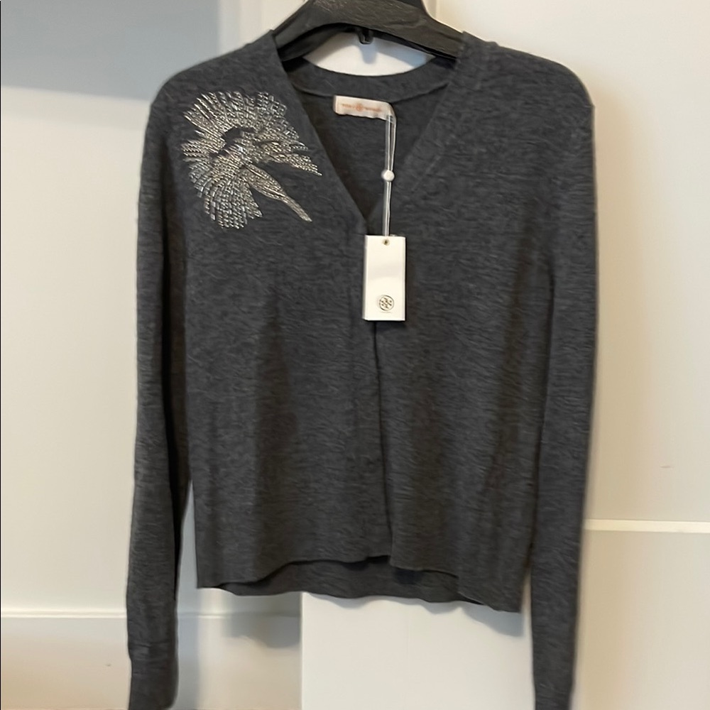 Gray Cardigan with Rhinestone Design by Tory Birch